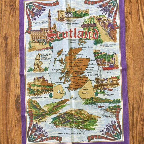 Vintage 80s Clive Mayor Scotland Attractions Cotton Tea Towel, Made in Britain - Picture 1 of 9